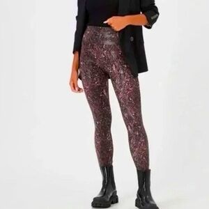 Spanx Faux Leather Snake Shine Leggings Women's Size Small Mocha Snake